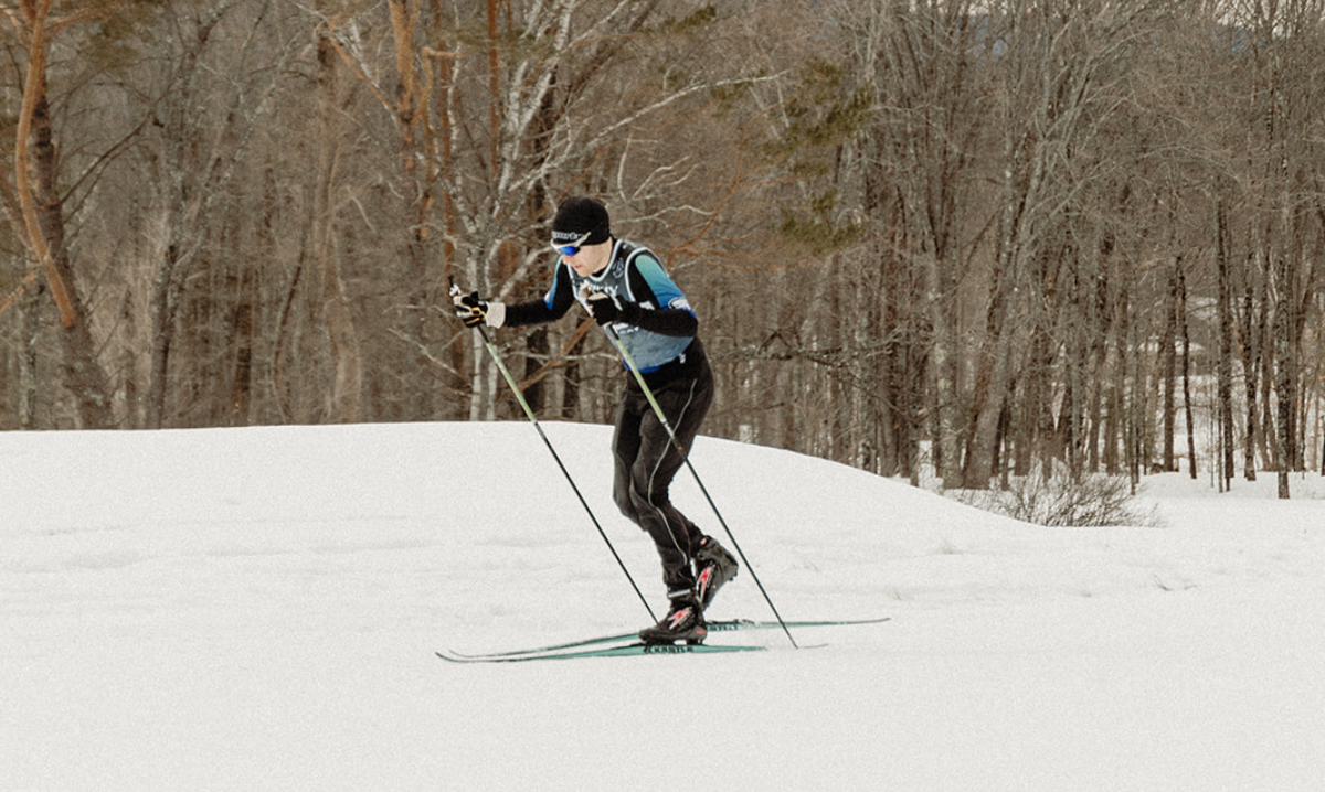 A person skiing outside in the snow in Jackson, NH
