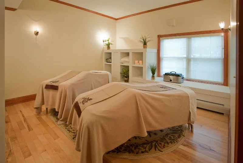 A room with massage tables and wellness products at the Wentworth Inn.